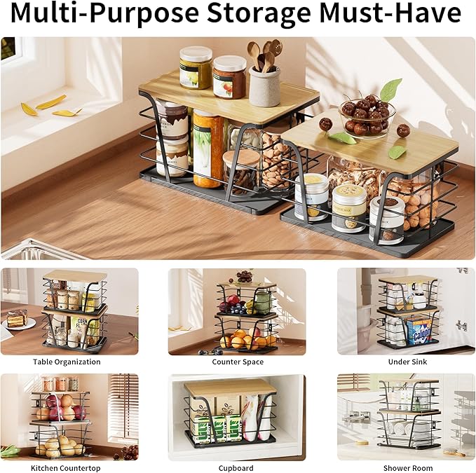 2 Pack Kitchen Organizers and Storage - Stackable Potato and Onion Storage Bin,Kitchen Cabinet Organizer with Lightweight PP Mat and Bamboo Top,Onion Basket for Kitchen Counter Organizers,Black