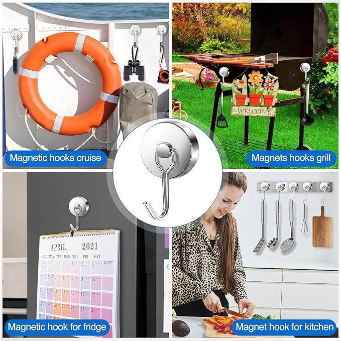LOVIMAG Hooks, 110lbs+ Magnetic Magnet Hook 2025 Cruise Cabin Ship Essentials Heavy Duty Strong Refrigerator Fridge Hanging for Classroom Beach Vacation Kitchen Grills Home Mug Hanger (3 Pack), Silver