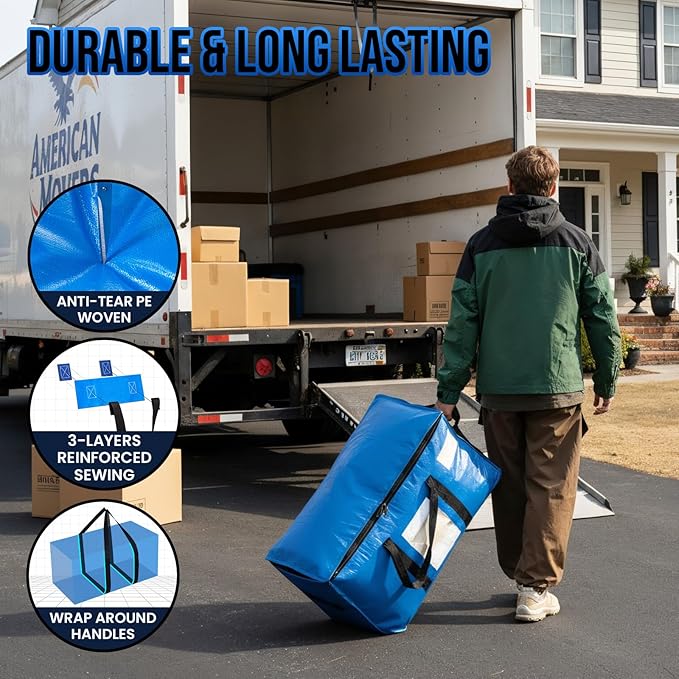 TAILI Extra Large Moving Bags, 4 Pack Blue Heavy Duty Totes For Storage with Visible Window, Wrap Around Handles, Storage Bags for Space Saving, Alternative to Moving Boxes