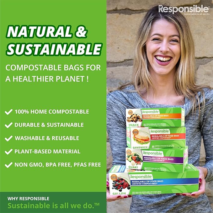 Certified Compostable QUART Resealable Zip Bag, Extra Strength Food Bags, Plant-Based Freezer-Safe (58 Pack)
