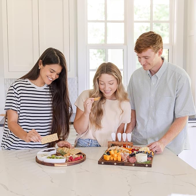 Large Wooden Charcuterie Board Set (Oil Finish) - 3-Piece Magnetic Long Serving Board Tray with Charcuterie Accessories - Acacia Wood Cheese Platter with Cheese Knife Set & Ceramic Dishes - Brown