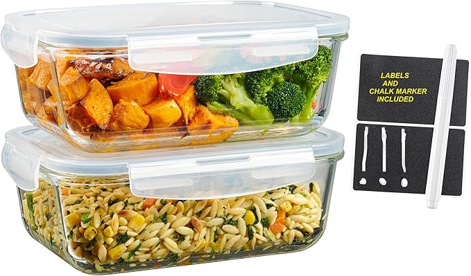 4pc Set - 128oz / 8 Cup / 3785ml - Large Glass Food Storage Containers with Airtight Snap Locking Lids, Meal Prep Lunch Bowl, Clear Stackable Pantry Organizer - Microwave Oven Baking & Dishwasher Safe