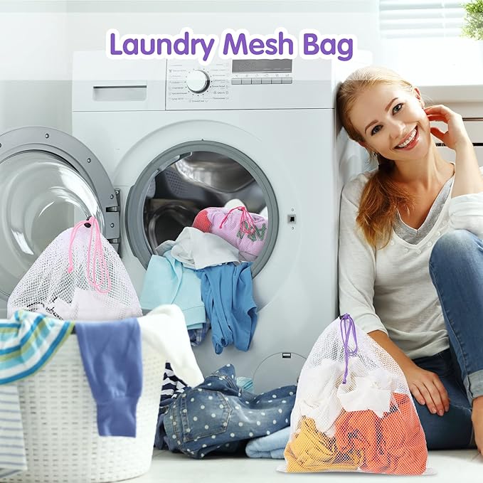 Frienda 20 Pcs Mesh Bags for Toys Storage 3 Sizes Reusable Produce Bags with Drawstring for Beach Bath Pool Toy Organizer, Fruits Vegetable Grocery Playroom Storage(Pink, Purple, Rose Red)