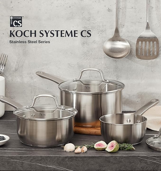 KOCH SYSTEME CS Stainless Steel Saucepan Set, 1QT & 2QT & 3QT Sauce Pan, Premium 18/10 Steel Sauce Pan Set, Induction Saucepans, Stainless Steel Pot Set 6 Piece, Easy to Clean, Oven Safe