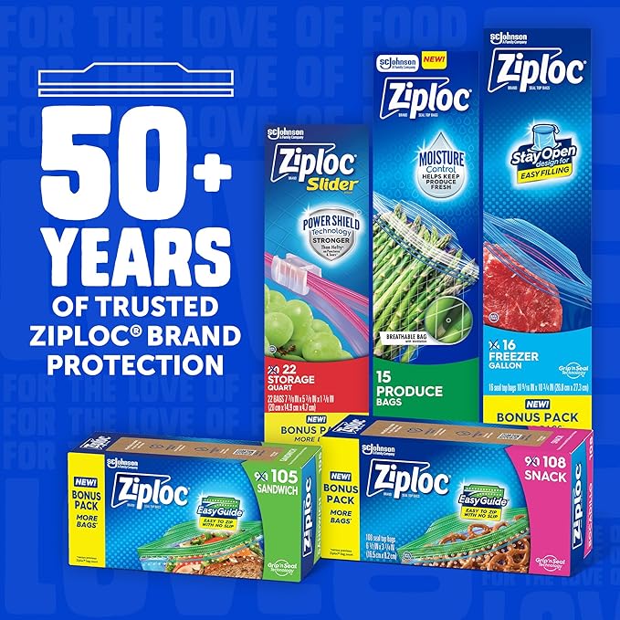 Ziploc Gallon Food Storage Freezer Bags, Stay Open Design, Easy to Fill, 66 count