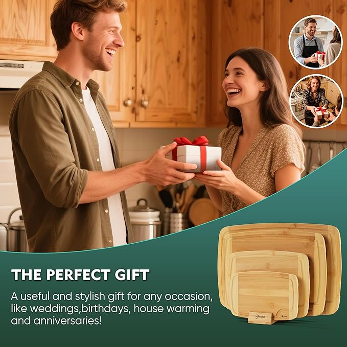 Bamboo Cutting Board Natural Bamboo Set With Smooth Surface 4 Packs with Non Slip Feet Holder and Over Sink Solid Thick Durable Wood Charcuterie Serving Tray Meat, Fruit, Vegetables & Cheese