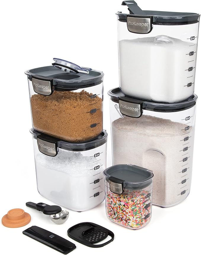 ProKeeper+ 9-Piece Airtight Food Storage Container Set – Clear Plastic Flour and Sugar Canister Set with Magnetic Accessories for Kitchen Organization (Grey, 9-Piece)