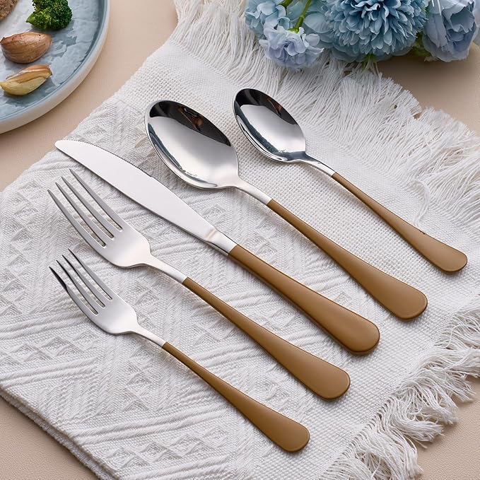 20-Piece Brown Silverware Set for 4, 18/0 Stainless Steel Flatware Cutlery Utensils Set, Include Dinner Knives,Dinner Forks,Dinner Spoons,Salad Forks,Teaspoons,Dishwasher Safe