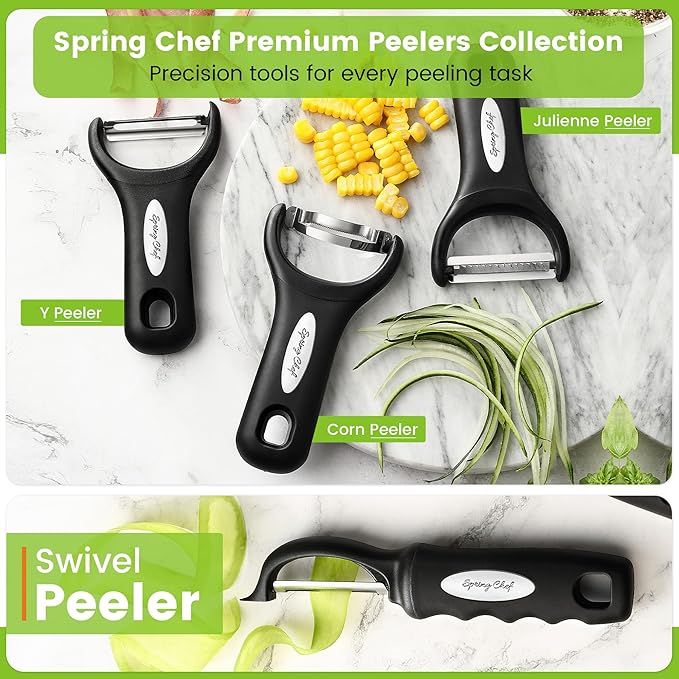 Spring Chef Swivel Vegetable Peeler & Y Potato Peeler for Kitchen with Soft Grip Handles and Ultra Sharp Stainless Steel Blades, Perfect for Veggie, Fruit, Carrot, Apple - Dishwasher Safe - Black