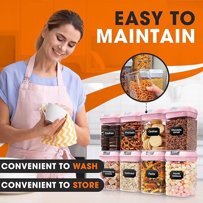 Cheer Collection Airtight Food Storage Containers, Kitchen Storage Containers for Pantry, Set of 8 Food Containers with Lids Airtight, Pantry Storage Containers & Organizers with Lids, Pink