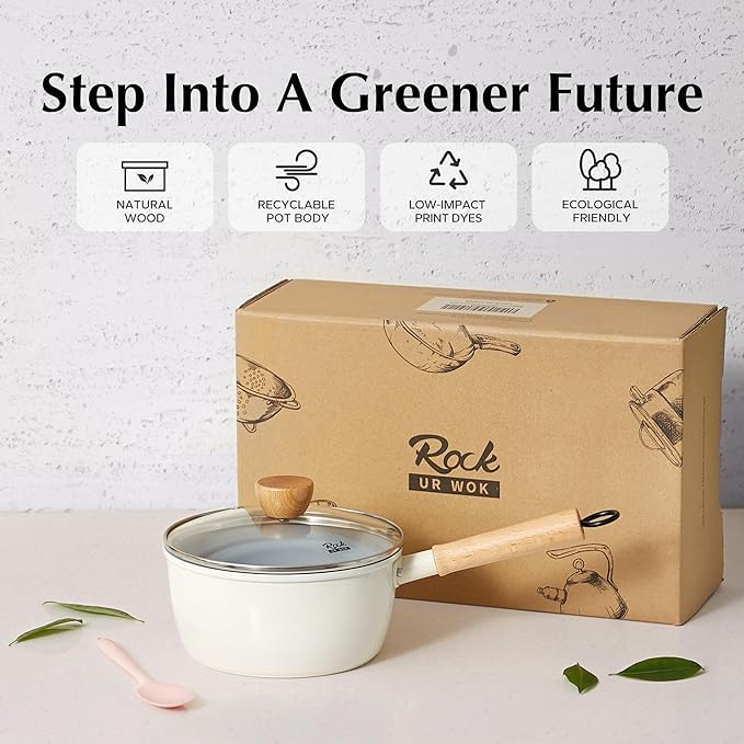 ROCKURWOK Ceramic Nonstick Sauce Pan with Lid, 1.5 Qt Small Pots for Cooking, Small Pot Wooden Handle for Cool Touch, Non Toxic & Pfas-Free Saucepan, Universal Base(Gas, Electric & Induction), White
