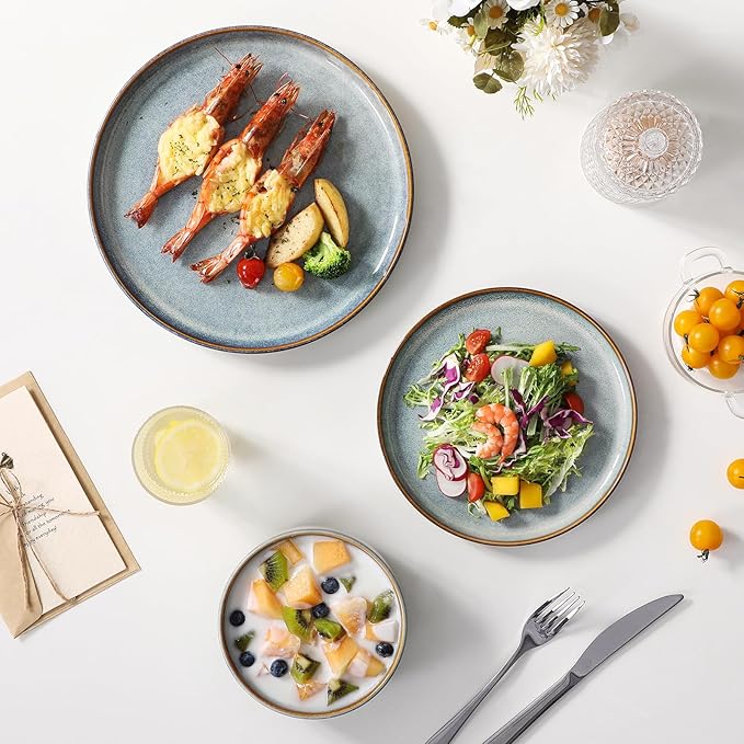 vancasso PLAYA Plates and Bowls Sets, 12 Pieces Light-Blue Dinnerware Sets for Kitchen, Reactive Glaze Dishes Set for 4, Dishwasher and Microwave Safe