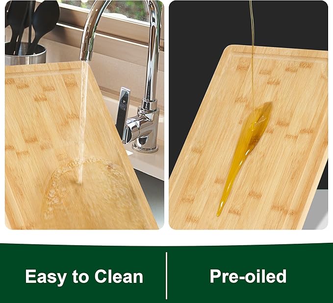 Bamboo Cutting Board Set of 3 - Durable Bamboo Cutting Boards with Deep Juice Grooves & Built-in Handles & Hanging Holes, Reversible Wooden Cutting Boards for Kitchen, Meat, Vegetables