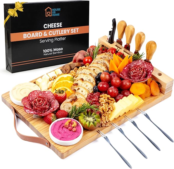 Bamboo Charcuterie Boards Gift Set with Leather Handles, Knife Set, Wine Opener, Ceramic Bowls & Forks, Recipe Book - House Warming Gifts New Home