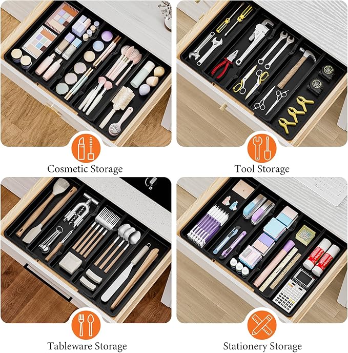 Silverware Organizer, Expandable Utensil Drawer Organizer for Kitchen Drawers, Kitchen Drawer Organizer for Spoons/Forks/Knives, Multipurpose & BPA Free Cutlery Tray, Black, 2 Pack