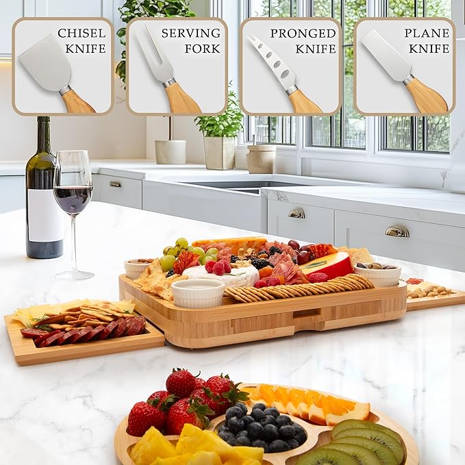 Zulay Kitchen Deluxe Bamboo Cheese Board - Extra Thick Bamboo Charcuterie Board with 4 Piece Knife Set - Perfect for Charcuterie, Wine and Cheese