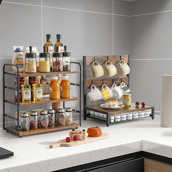 IBUYKE Coffee Pod Drawer, Rustic Coffee Mug Holder for Countertop, 8 Hooks and 35 Capsules Capacity, Coffee Station Organizer with Mug Hooks, Wood Mug Tree Holder for Kitchen Coffee Bar,TCJ003H