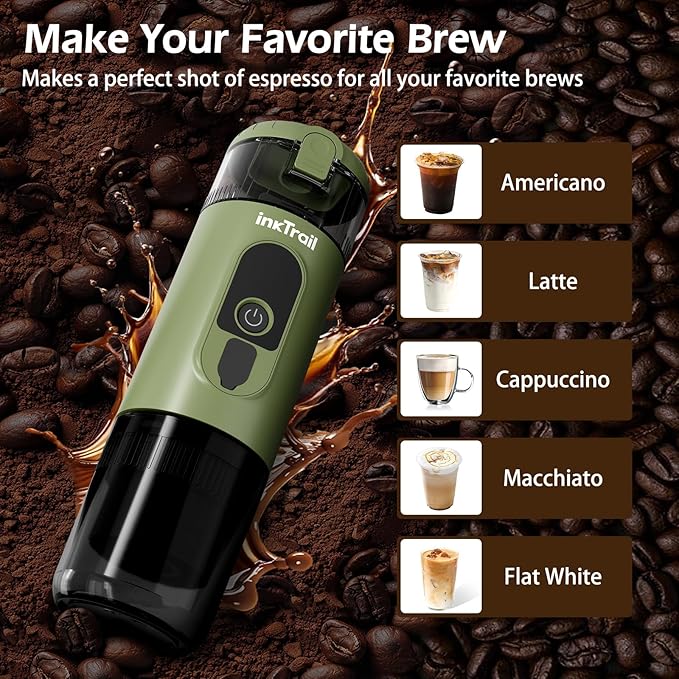 InkTrail Portable Electric Espresso Machine,Travel Coffee Maker for Camping, Self-Heating with Rechargeable Battery, Compatible with Ground Coffee & NS Original Capsule for Car, RV, Hiking, Office
