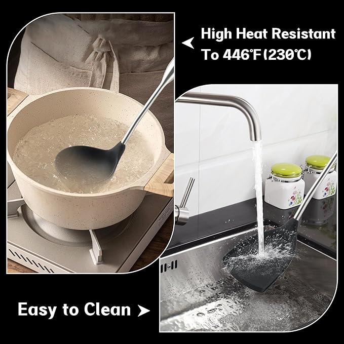 FJNATINH Silicone Spatula and Ladle Tool Set - Wok Tools, Wok Utensil,Stainless Steel Non Stick Heat-Resistant Kitchen Utensils BPA Free Cooking Utensils Cookware Wooden Handle,2 Pieces