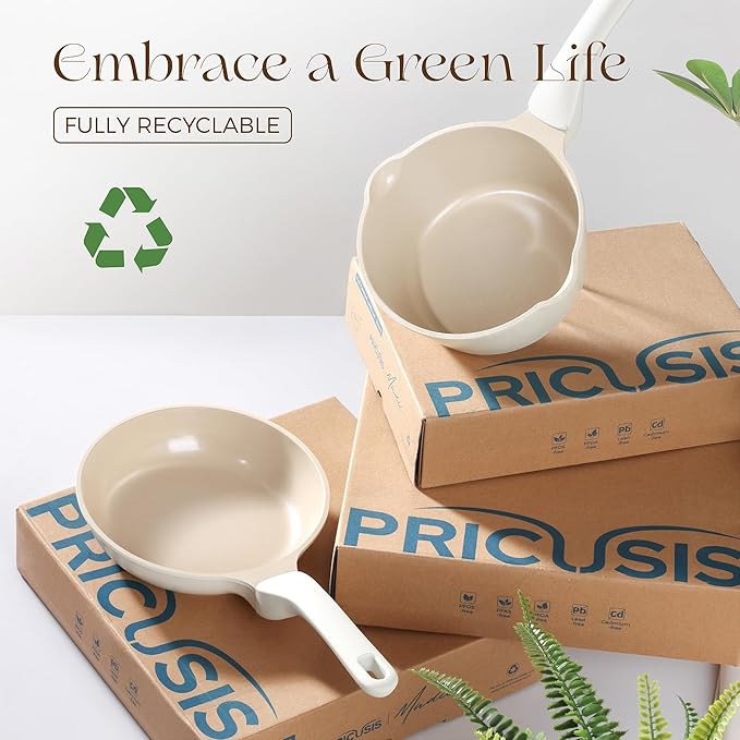 PRICUSIS Ceramic Nonstick Saucepan with Lid, 2 Quart Non Toxic Pot with Pour Spouts, Full Coated, 100% Dishwasher Safe, Induction Compatible & Oven Safe, PTFE PFAS & PFOA Free, Coconut White