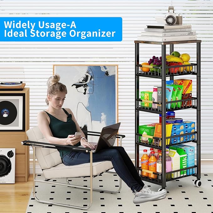 Fruit Vegetable Storage Basket for Kitchen, 5 Tier Large Pull-Out Metal Wire Baskets with 4 Pack Mats Bottom, Wood Top and Wheels, Vegetable Produce Bins Stand Cart Rack for Onions and Potatoes