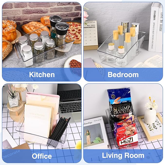 2 Pack Clear Pantry Organizer Storage Bins Removable Snack Organizer Plastic Cabinet Organizers Racks with 3 Dividers, Refrigerator Bins, Kitchen Organization Kitchen Storage