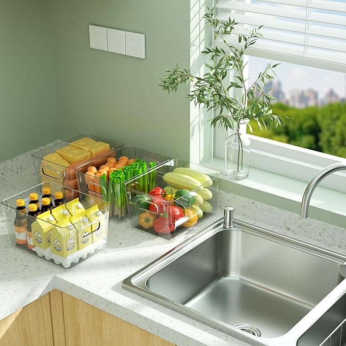 BALEINE Clear Plastic Storage Bins, Pantry Organization, BPA Free Stackable Refrigerator Organizers and Storage with Handles for Kitchen Fridge Cabinet Bathroom (4PK, 9.5x5.5x4.5)