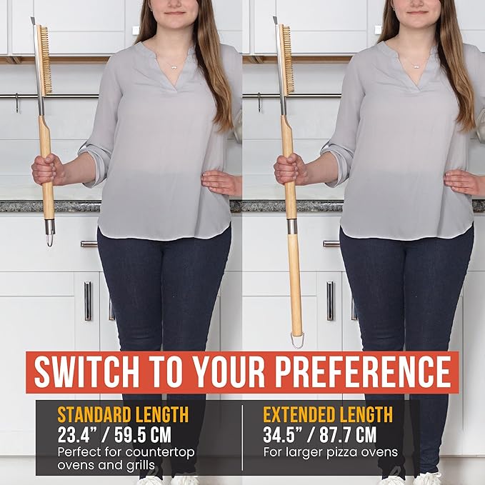 Chef Pomodoro Pizza Oven Brush with Scraper - Adjustable Handle (55cm to 87.7cm), Pizza Stone Brush, Pizza Oven Cleaning Brush, Outdoor Pizza Oven Accessories for Pizza Stones, BBQ Grill, and Ovens