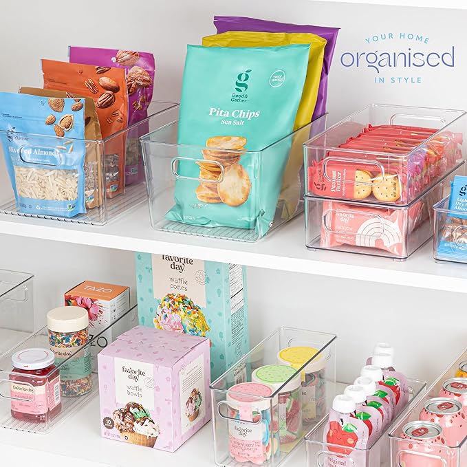 Plastic Food Storage 6 Pack Clear Container Bin with Handles for Organizing Kitchen, Pantry, Refrigerator, Freezer, Pantry, Cabinet, Closet, Bathroom. Stackable 10”x6”x3”