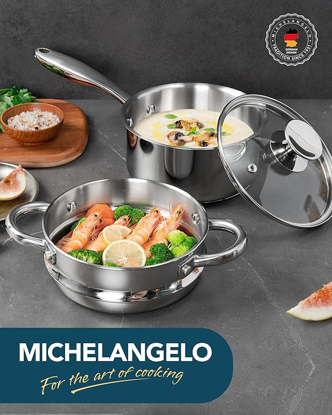 MICHELANGELO 1.5 Quart Saucepan with Steamer, Stainless Steel Saucepan with Lid, Triply Bottom Induction Compatible, Multipurpose Sauce Pot, Dishwasher Safe