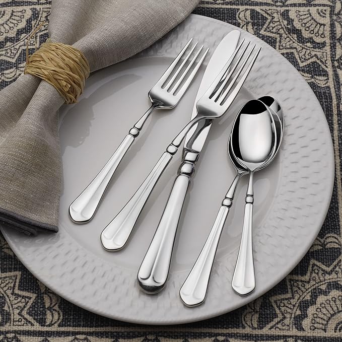 Mikasa French Countryside Flatware Set for 12, 65 Piece 18/10 Stainless Steel Silverware with Elegant Scroll Design and Serving Utensils, Durable Dinnerware Service