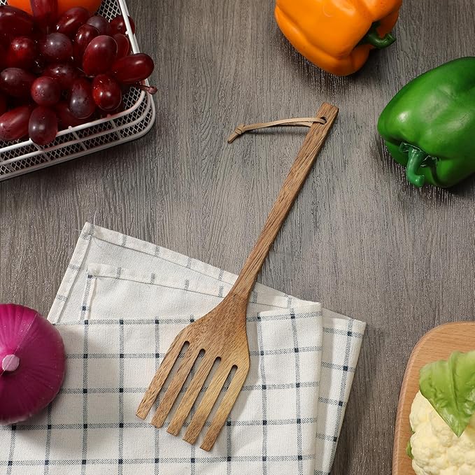 Baderke 10 Inches Acacia Wooden Forks for Cooking Kitchen Baking Tool Five Tines Long Handle Wood Fork for Home Restaurant Kitchen Salad Pasta Grill Tasting Utensils