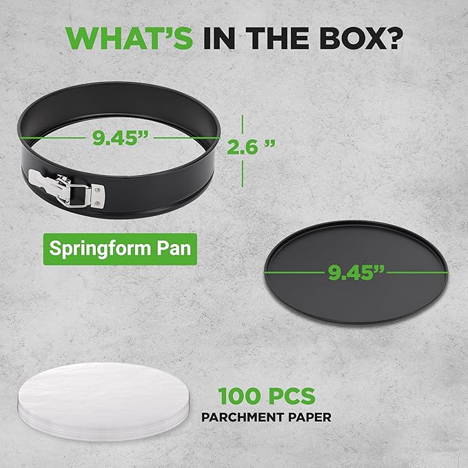 NutriChef 9 Inch Nonstick Cheesecake Springform Cake Pan | Stainless Steel Clasp & Removable Bottom | Durable Stainless Steel Cheesecake Pan | Easy to Clean | Includes 100 Parchment Papers | Black