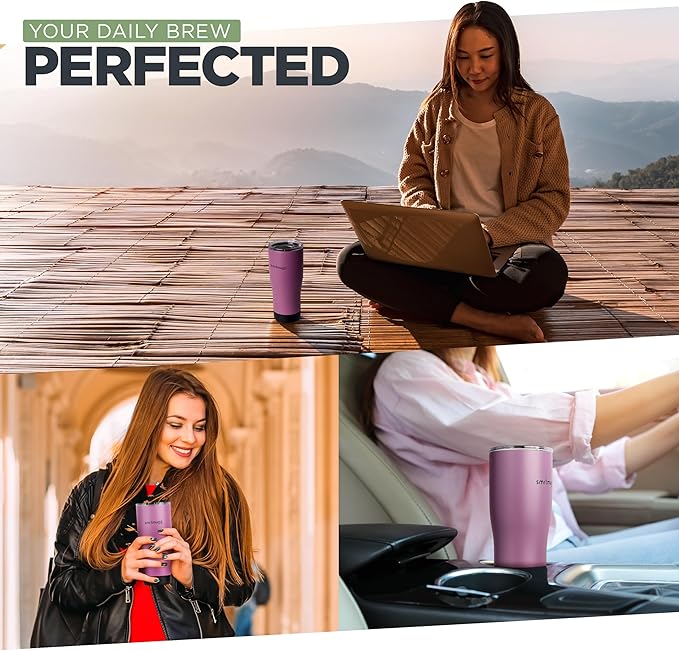 X Heated Coffee Mug 19 oz., 8 Hour Battery Life, Self-Heating, Adjustable Temp Controlled, LCD Screen, Includes Cover with Magnetic Slider (Black) (Lilac)