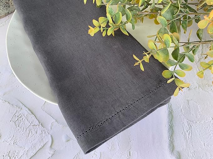 Hemstitched Linen Napkins – 20 Inch x 20 Inch – Stonewashed Pure Linen Cloth Dinner Napkins with Mitered Corners - 100% French Flax – Machine Washable - Set of 4 (Dark Gray)