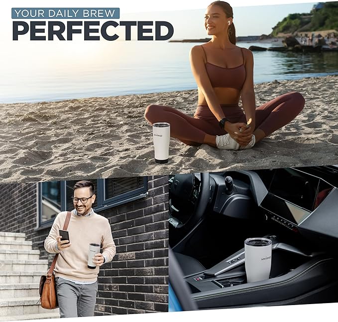 X Heated Coffee Mug 19 oz., 8 Hour Battery Life, Self-Heating, Adjustable Temp Controlled, LCD Screen, Includes Cover with Magnetic Slider (Black) (White)