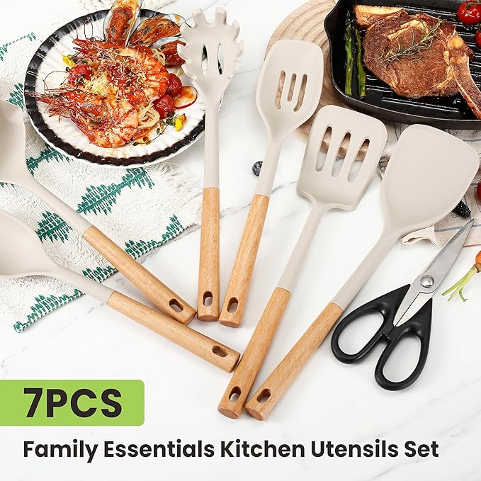 Large Silicone Cooking Utensils Set 7 Pcs, Wooden Handles Heat Resistant Spatula Set, Food Grade Silicone Kitchen Utensils Set with Holder, Gadgets BPA Free for Non-Stick Cookware