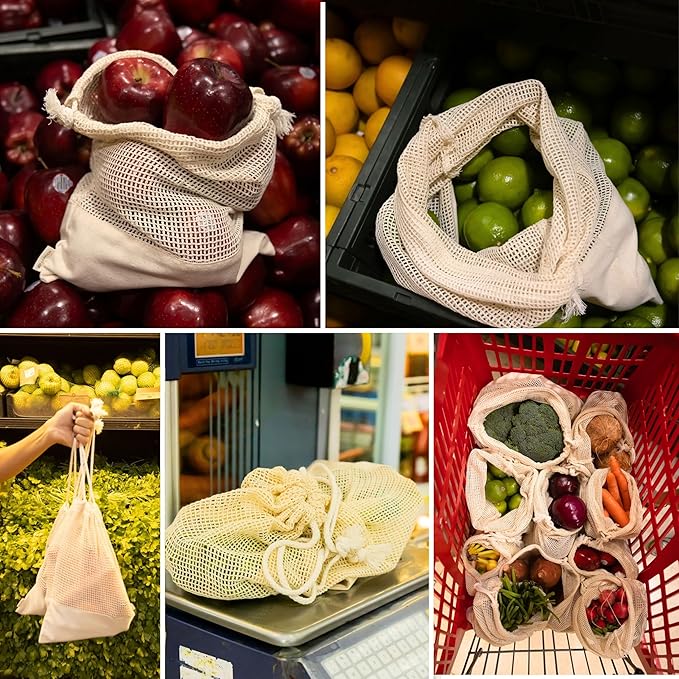 LEAFICO Reusable Produce Bags – 100% Cotton Mesh & Solid Hybrid (Large 12x15 inch 6 Pcs) – Storage Bags for Vegetables, Toys, Clothes, Travel Packing – Washable, Plastic-Free, Breathable, Zero Waste