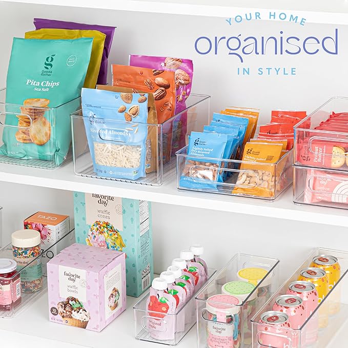 Plastic Food Storage 8 Pack Clear Container Bin with Handles for Organizing Kitchen, Pantry, Refrigerator, Freezer, Pantry, Cabinet, Closet, Bathroom. Stackable 10”x8”x3”