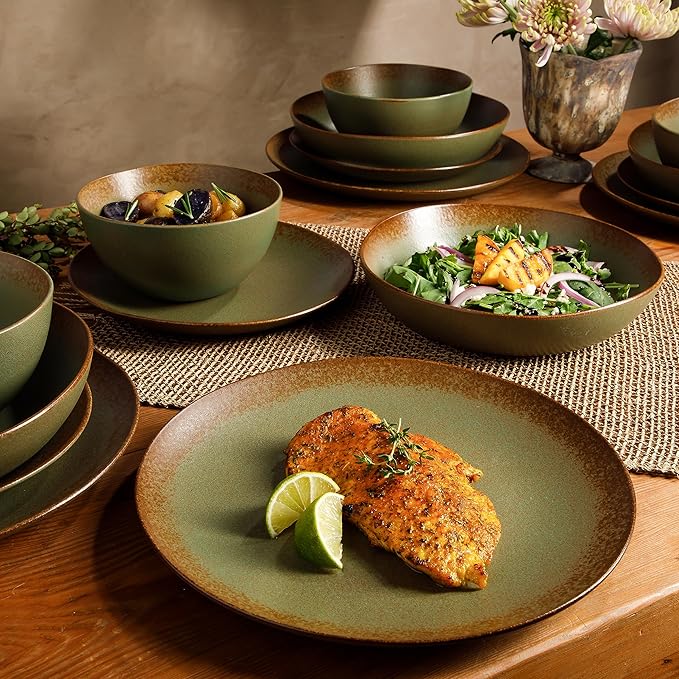 Bloomhouse Palermo Sun Double Bowl Stoneware Reactive Glaze Plates and Bowls Dinnerware Set - Cardamom Green, Service for Four (16pcs)
