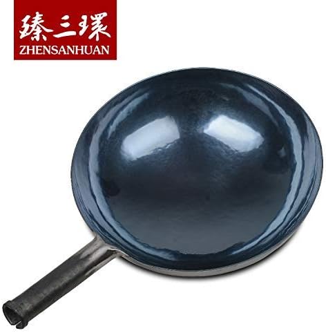 臻三环 ZhenSanHuan Chinese Hand Hammered Iron Woks and Stir Fry Pans, Non-stick, No Coating, Carbon Steel Pow (30CM, Blue Black - Seasoned)