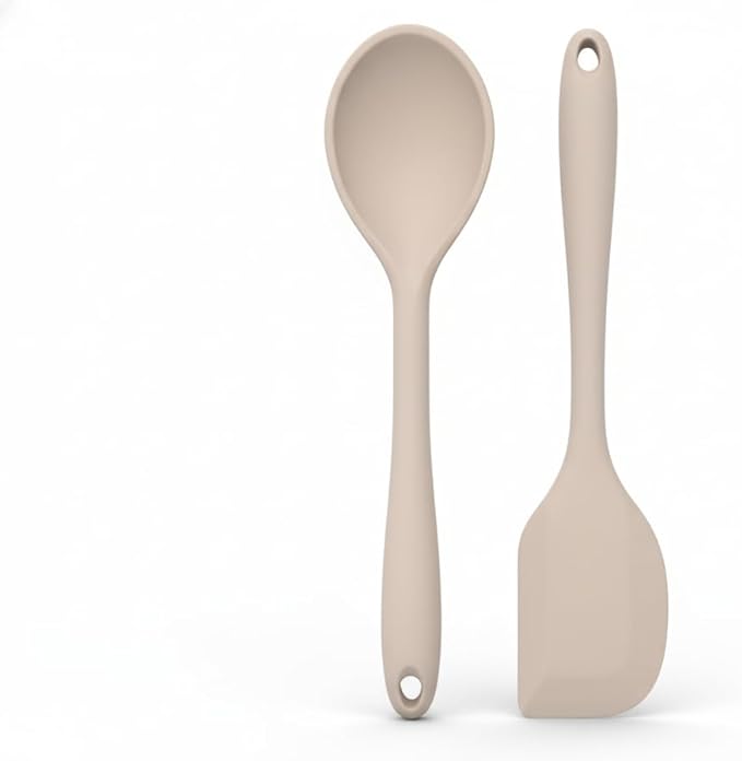 Non-Toxic Platinum Silicone Kitchen Utensil Set of 2 – Non-Scratch Cooking Spoon & Spatula, 100% Plastic Free, Stainless Steel Core, Heat Resistant 500°F, Beige