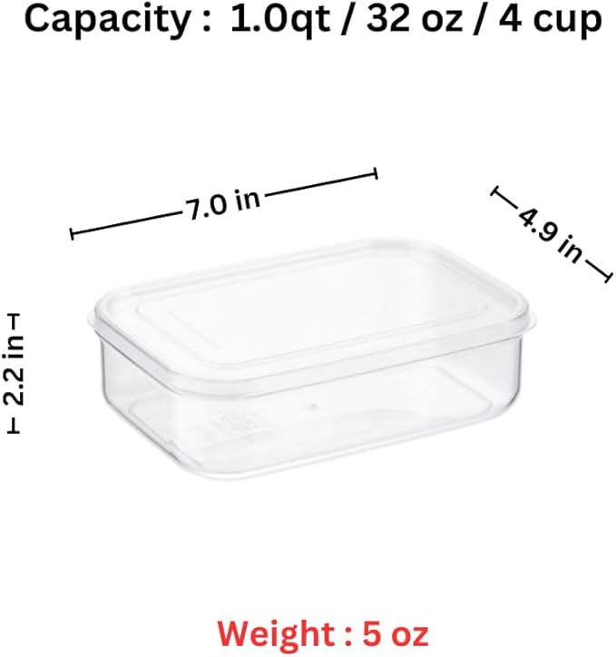 Lustroware Micro Clear Transparent Food Storage Containers with Lids – BPA-Free, Shatterproof, Dishwasher & Microwave Safe, 1.0 qt Stackable Refrigerator Organizer Bins, Made in Japan, Set of 6