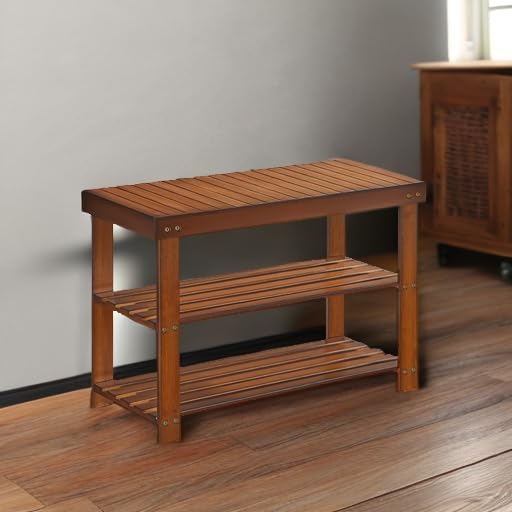 SONGMICS Shoe Rack Bench, 3-Tier Bamboo Shoe Storage Organizer, Entryway Bench, Holds Up to 286 lb, 11.3 x 27.6 x 17.8 Inches, for Entryway Bathroom Bedroom, Yellow Brown ULBS04WL