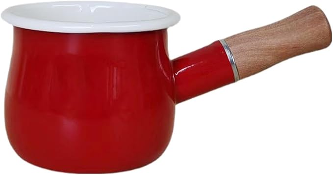 0.6qt Mini Enamel Milk Pot Insulated Wooden Handle 2 Pour Spouts Small Food Warmer Cute Saucepan (D015,RED)