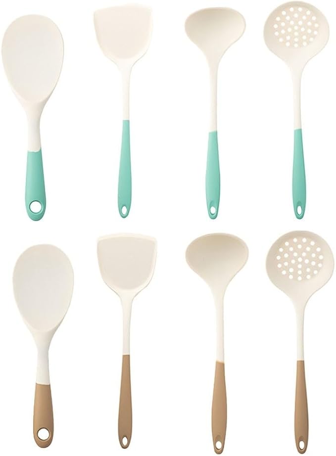 High Temperature Resistant Silicone Cooking Tools Set with Spatula and Soup Spoon (C White and green)