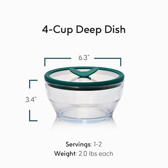 Anyday 4-Cup Glass Food Storage with Glass Lid, Round Deep Dish | Plastic-Free Meal Prep & Microwave Cookware | Stackable Airtight Storage Container with Vented Lid for Microwave-Safe Reheating