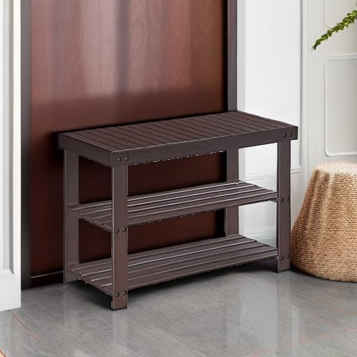 SONGMICS Shoe Rack Bench, 3-Tier Bamboo Shoe Storage Organizer, Entryway Bench, Holds Up to 286 lb, 11.3 x 27.6 x 17.8 Inches, for Entryway Bathroom Bedroom, Brown ULBS04Z