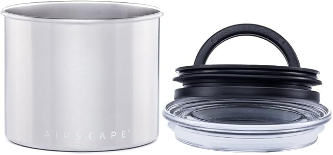 Planetary Design Airscape Stainless Steel Coffee Canister | Food Storage Container | US Patented Airtight Lid | Push Out Excess Air Preserve Food Freshness (Small, Brushed Steel)