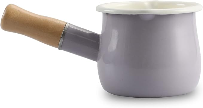 0.6qt Mini Enamel Milk Pot Insulated Wooden Handle 2 Pour Spouts Small Food Warmer Cute Saucepan(D015,Purple)